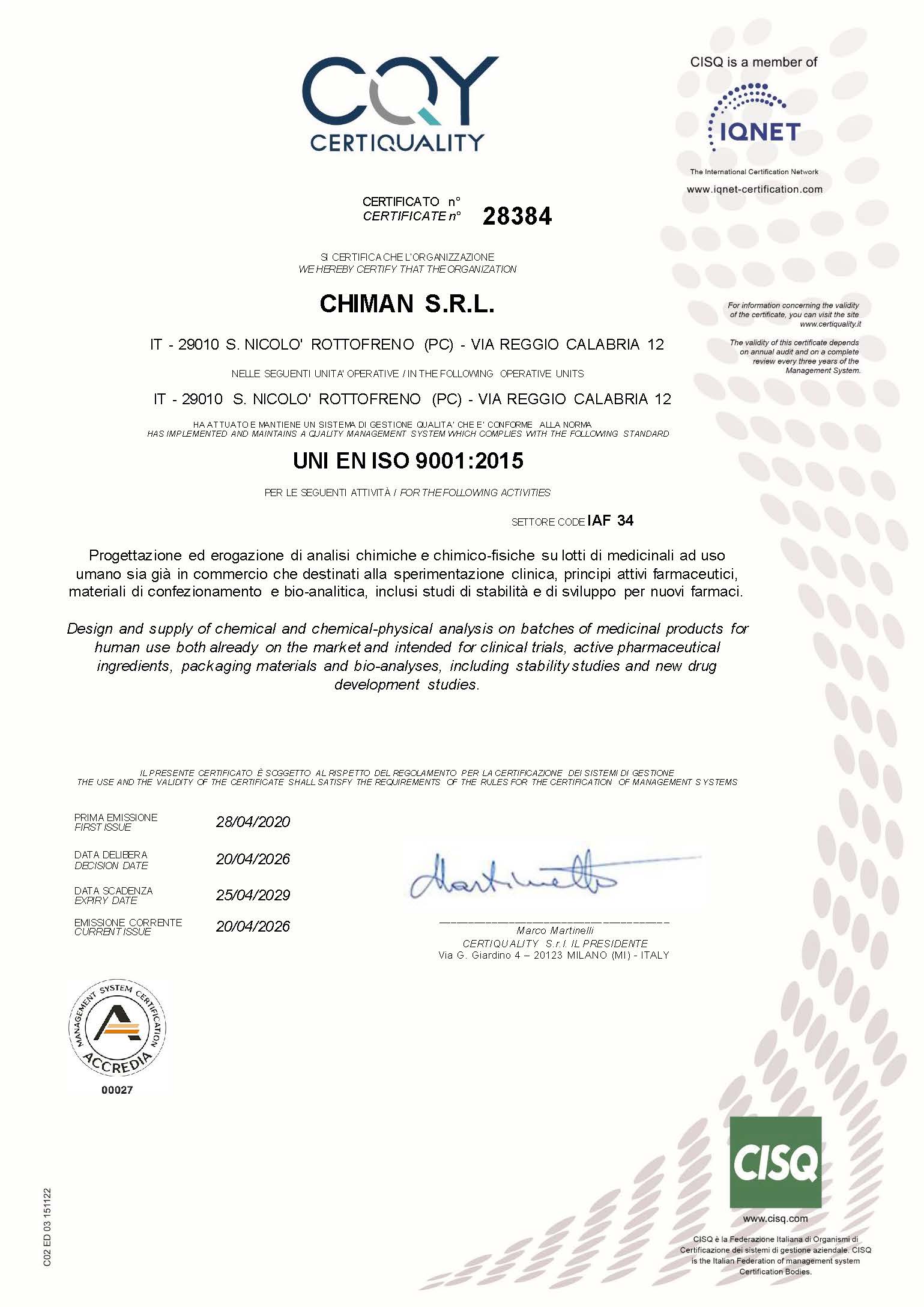 Chiman srl Certificate #28384