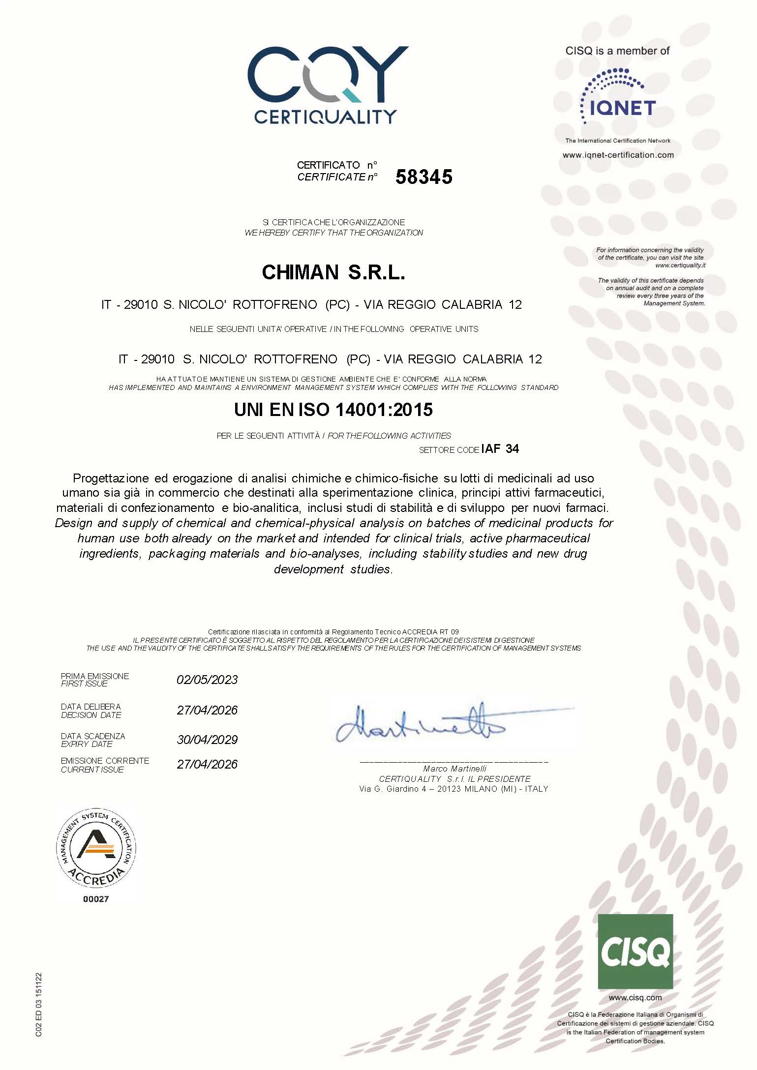 Chiman srl Certificate #28384
